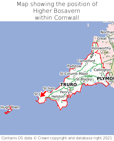Map showing location of Higher Bosavern within Cornwall