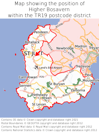 Map showing location of Higher Bosavern within TR19