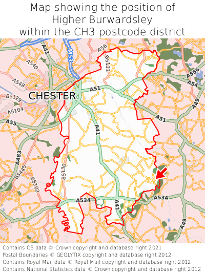 Map showing location of Higher Burwardsley within CH3
