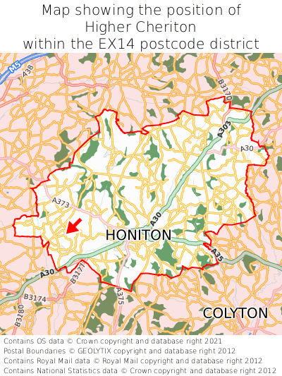 Map showing location of Higher Cheriton within EX14
