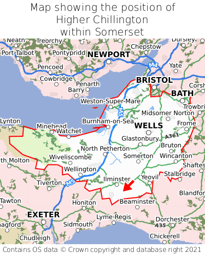 Map showing location of Higher Chillington within Somerset