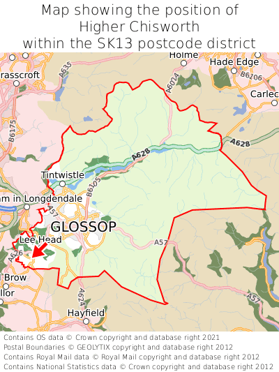 Map showing location of Higher Chisworth within SK13