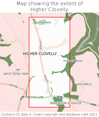 Map showing extent of Higher Clovelly as bounding box