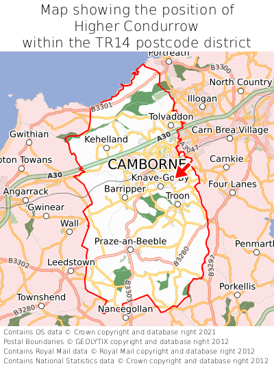 Map showing location of Higher Condurrow within TR14