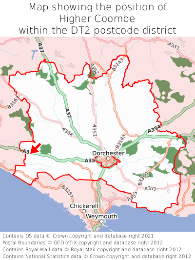 Map showing location of Higher Coombe within DT2