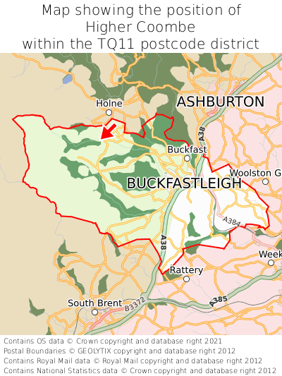 Map showing location of Higher Coombe within TQ11