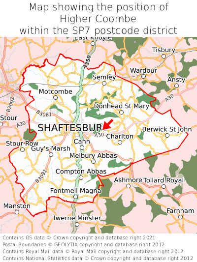 Map showing location of Higher Coombe within SP7