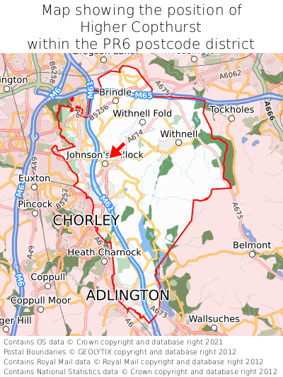 Map showing location of Higher Copthurst within PR6