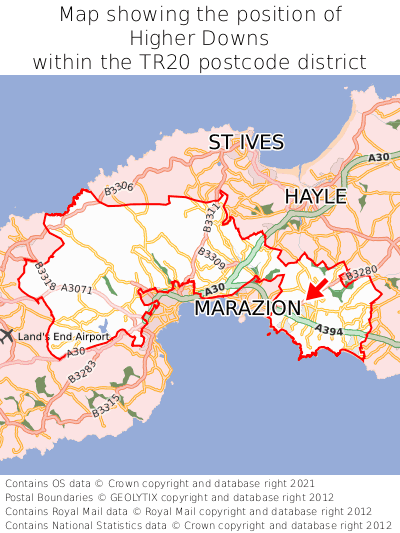 Map showing location of Higher Downs within TR20