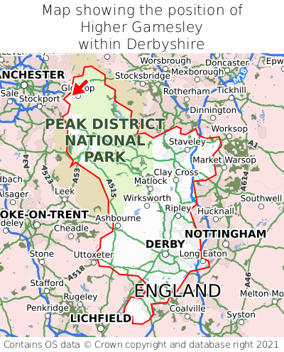 Map showing location of Higher Gamesley within Derbyshire