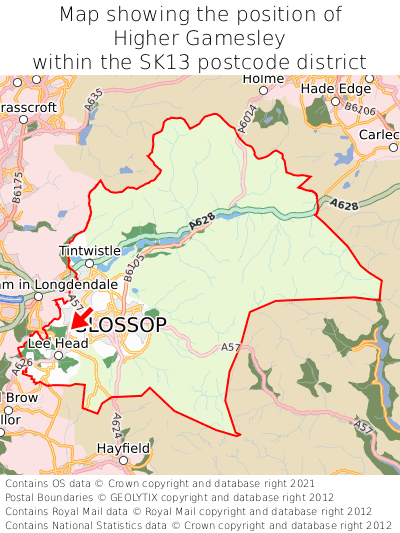 Map showing location of Higher Gamesley within SK13