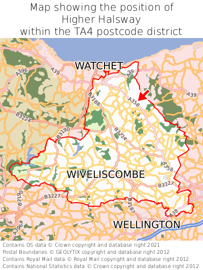 Map showing location of Higher Halsway within TA4