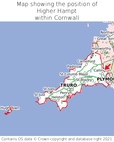 Map showing location of Higher Hampt within Cornwall
