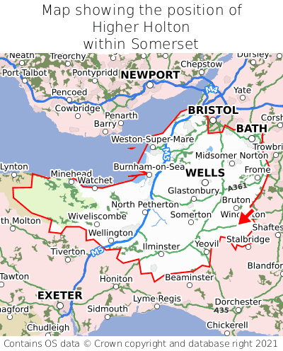 Map showing location of Higher Holton within Somerset