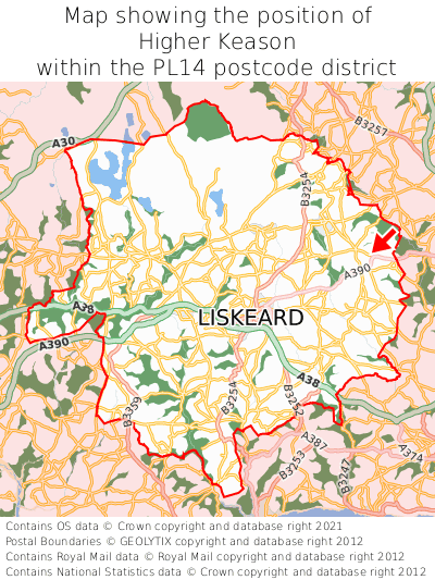 Map showing location of Higher Keason within PL14