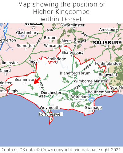 Map showing location of Higher Kingcombe within Dorset