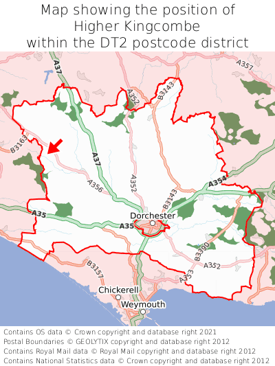 Map showing location of Higher Kingcombe within DT2