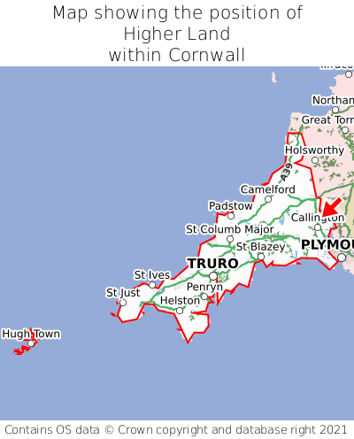 Map showing location of Higher Land within Cornwall