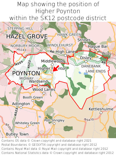 Map showing location of Higher Poynton within SK12