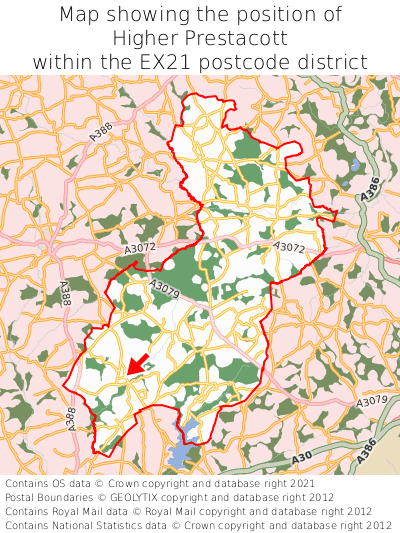 Map showing location of Higher Prestacott within EX21