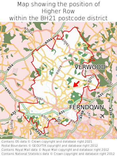 Map showing location of Higher Row within BH21