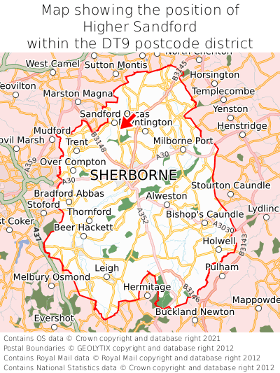 Map showing location of Higher Sandford within DT9