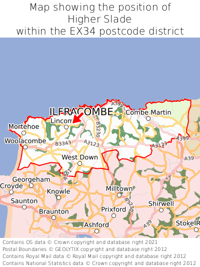 Map showing location of Higher Slade within EX34