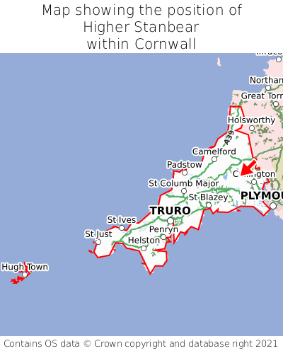 Map showing location of Higher Stanbear within Cornwall