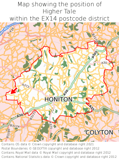 Map showing location of Higher Tale within EX14