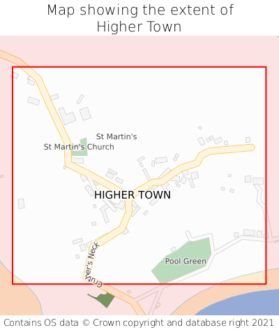 Map showing extent of Higher Town as bounding box