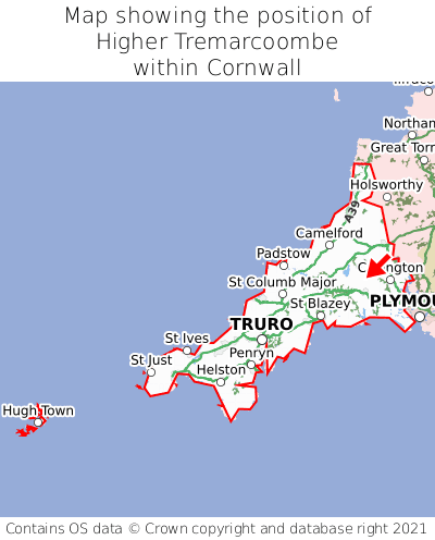 Map showing location of Higher Tremarcoombe within Cornwall