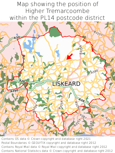 Map showing location of Higher Tremarcoombe within PL14