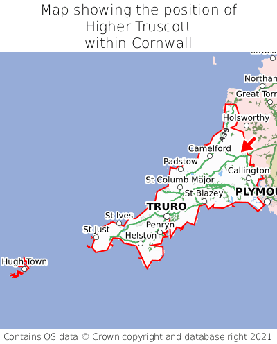 Map showing location of Higher Truscott within Cornwall