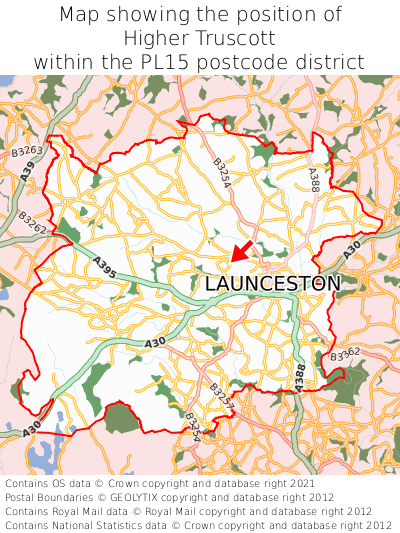 Map showing location of Higher Truscott within PL15