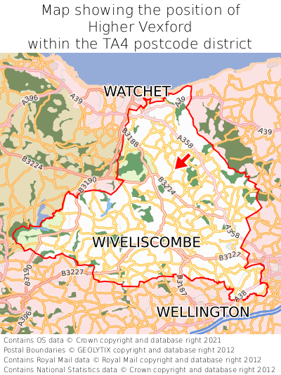 Map showing location of Higher Vexford within TA4