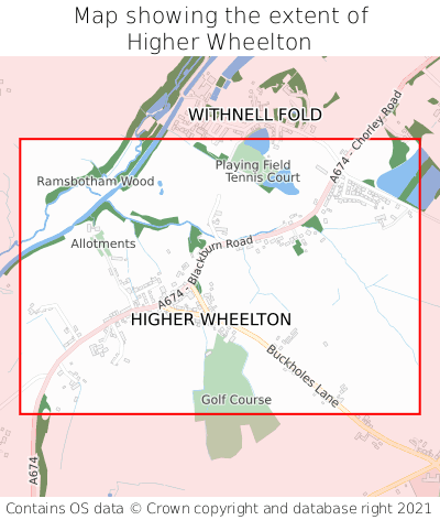 Map showing extent of Higher Wheelton as bounding box