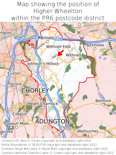 Map showing location of Higher Wheelton within PR6