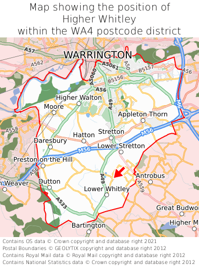 Map showing location of Higher Whitley within WA4