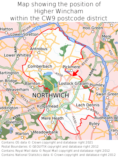 Map showing location of Higher Wincham within CW9