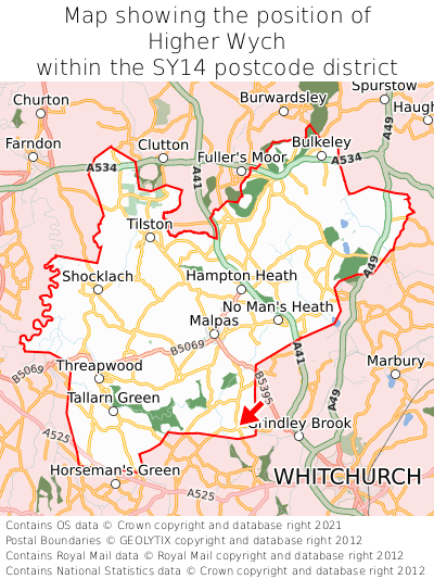 Map showing location of Higher Wych within SY14
