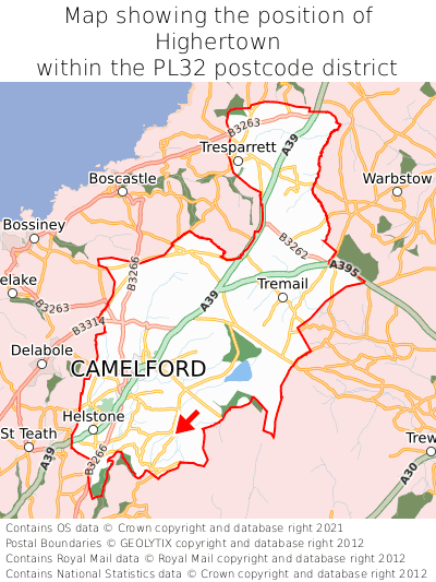 Map showing location of Highertown within PL32