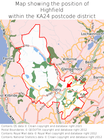 Map showing location of Highfield within KA24