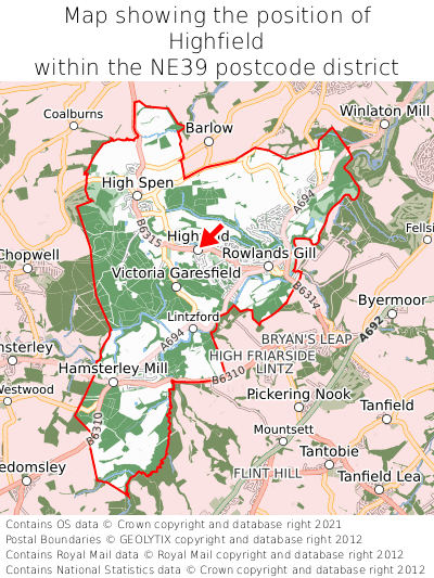 Map showing location of Highfield within NE39