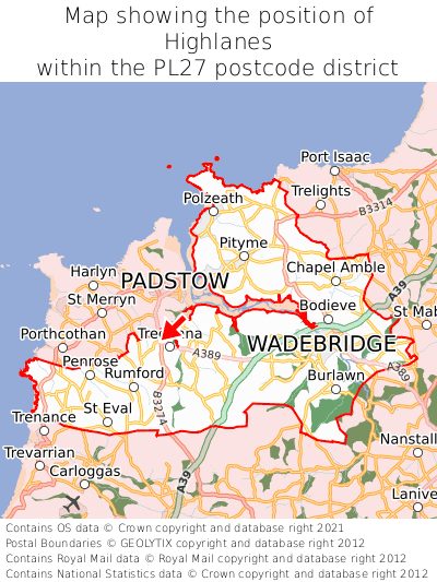 Map showing location of Highlanes within PL27