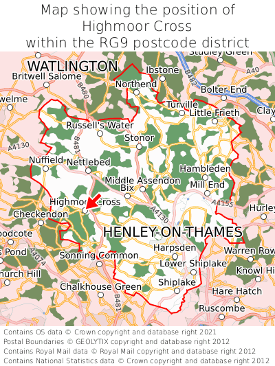 Map showing location of Highmoor Cross within RG9