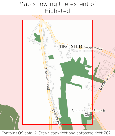 Map showing extent of Highsted as bounding box