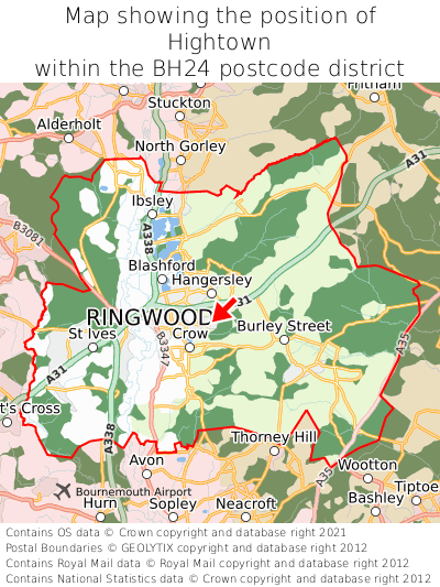 Map showing location of Hightown within BH24