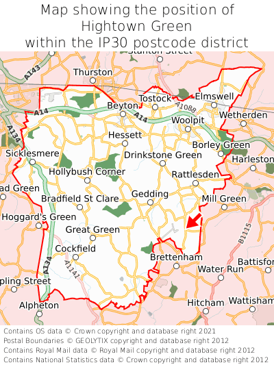 Map showing location of Hightown Green within IP30