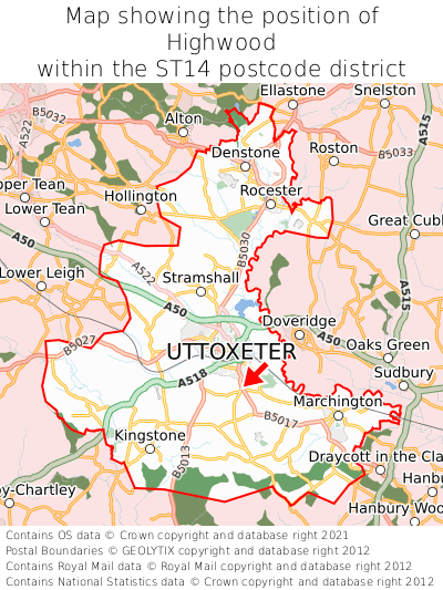 Map showing location of Highwood within ST14