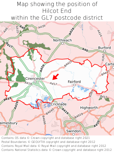 Map showing location of Hilcot End within GL7
